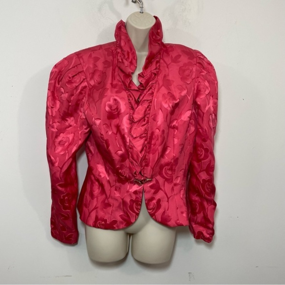 Vintage Morton Myles For The Warrens Floral Jacket Top Rhinestone Buttons Red 12